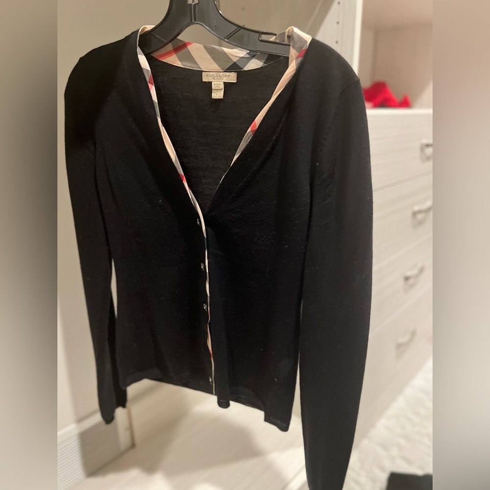 Burberry Checked-Trim Nova Merino Wool Cardigan Black Size Small